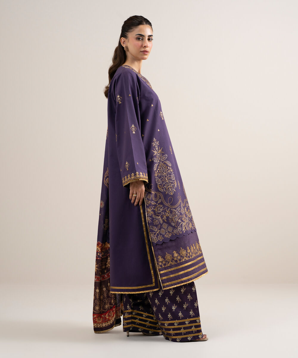 Women's Unstitched Dobby Embroidered Purple 3 Piece Suit