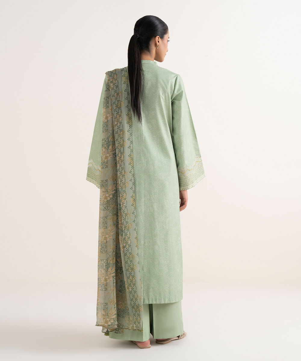 Women's Unstitched Cotton Embroidered Green Three Piece Suit