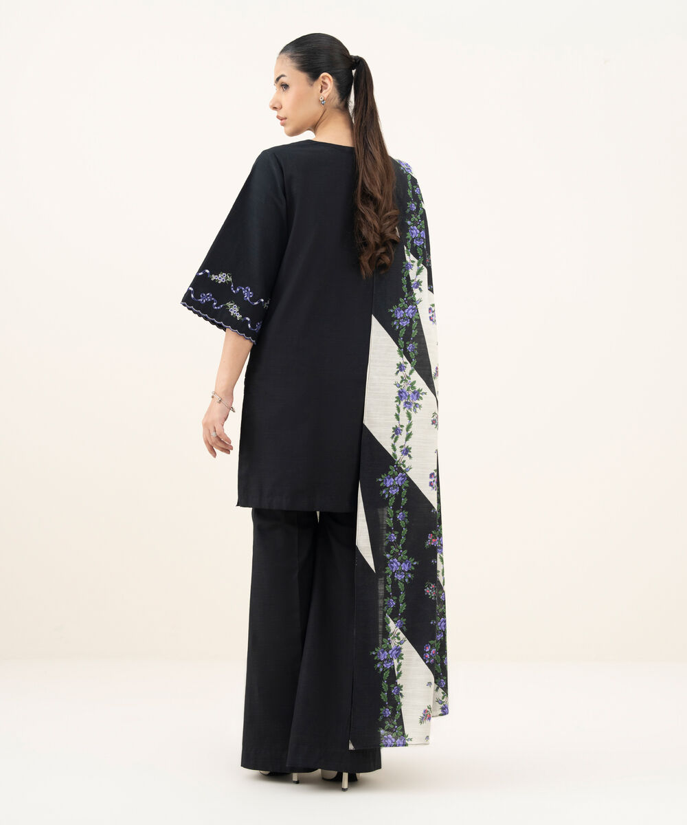 Women's Unstitched Embroidered Khaddar Black 3 Piece Suit