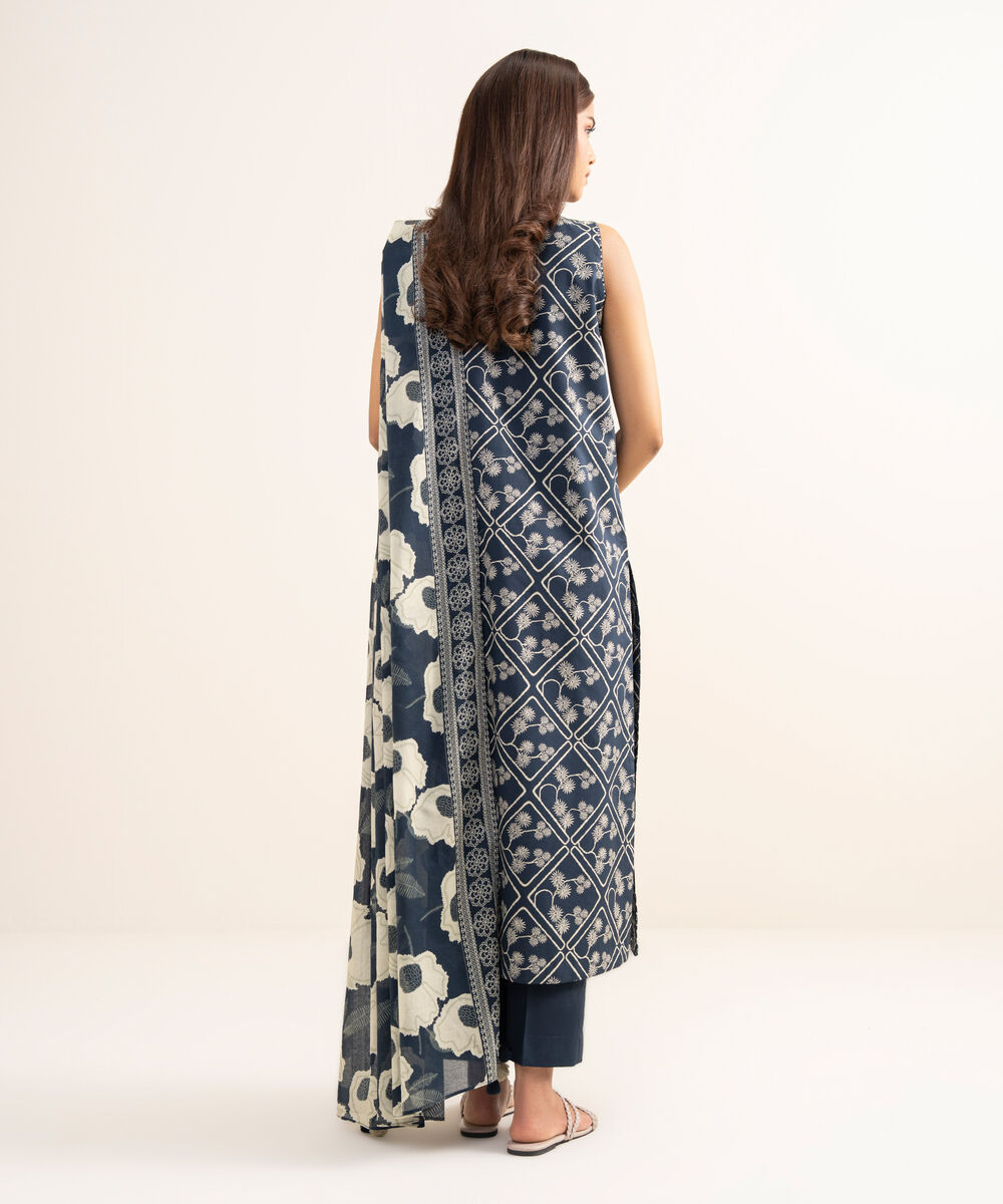 Women's Unstitched Lawn Printed Blue 3 Piece Suit