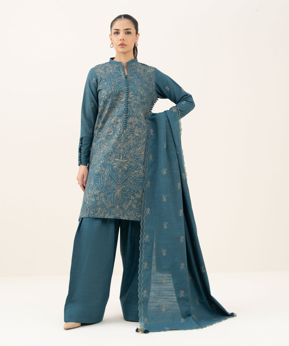 Women's Unstitched Embroidered Khaddar Teal Green 3 Piece Suit