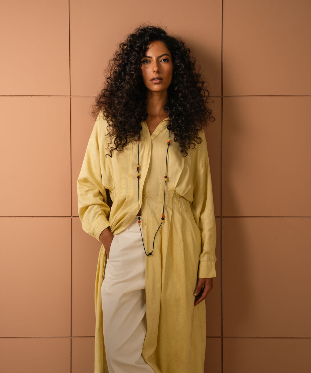 Women's Butter Yellow Linen Blend Dress With  Crochet Belt