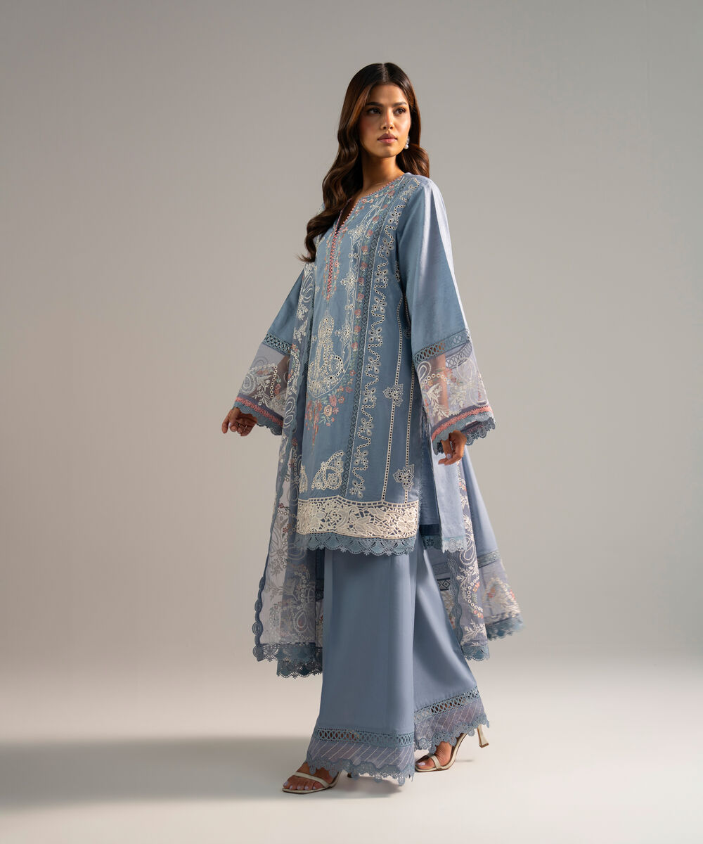 Women's RTW Self Jacquard Embroidered Steel Blue 2 Piece Suit