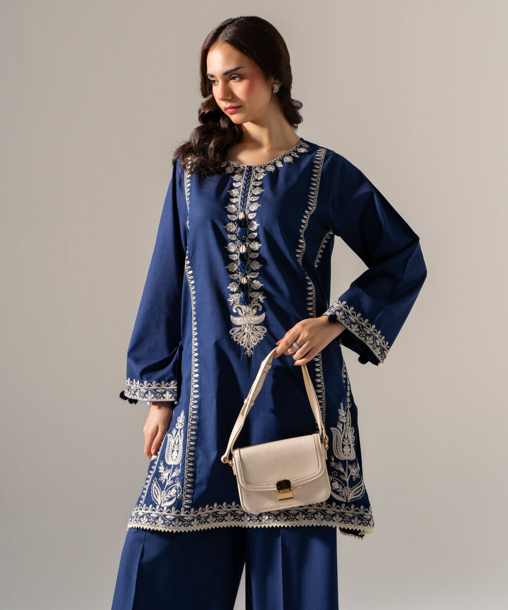 Women's RTW Dobby Solid Embroidered Blue Straight Shirt