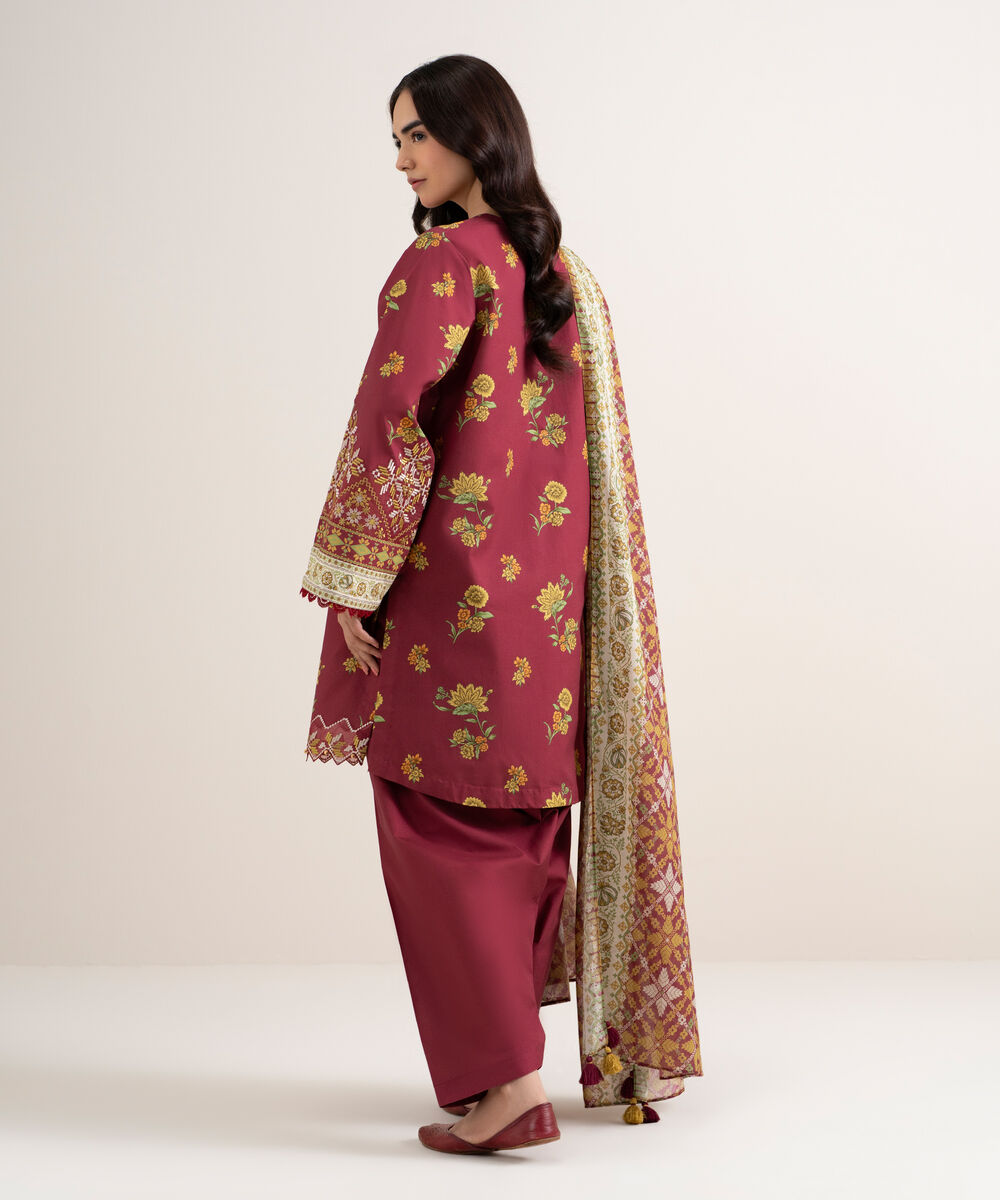 Women's Unstitched Cotton Embroidered Red 3 Piece Suit