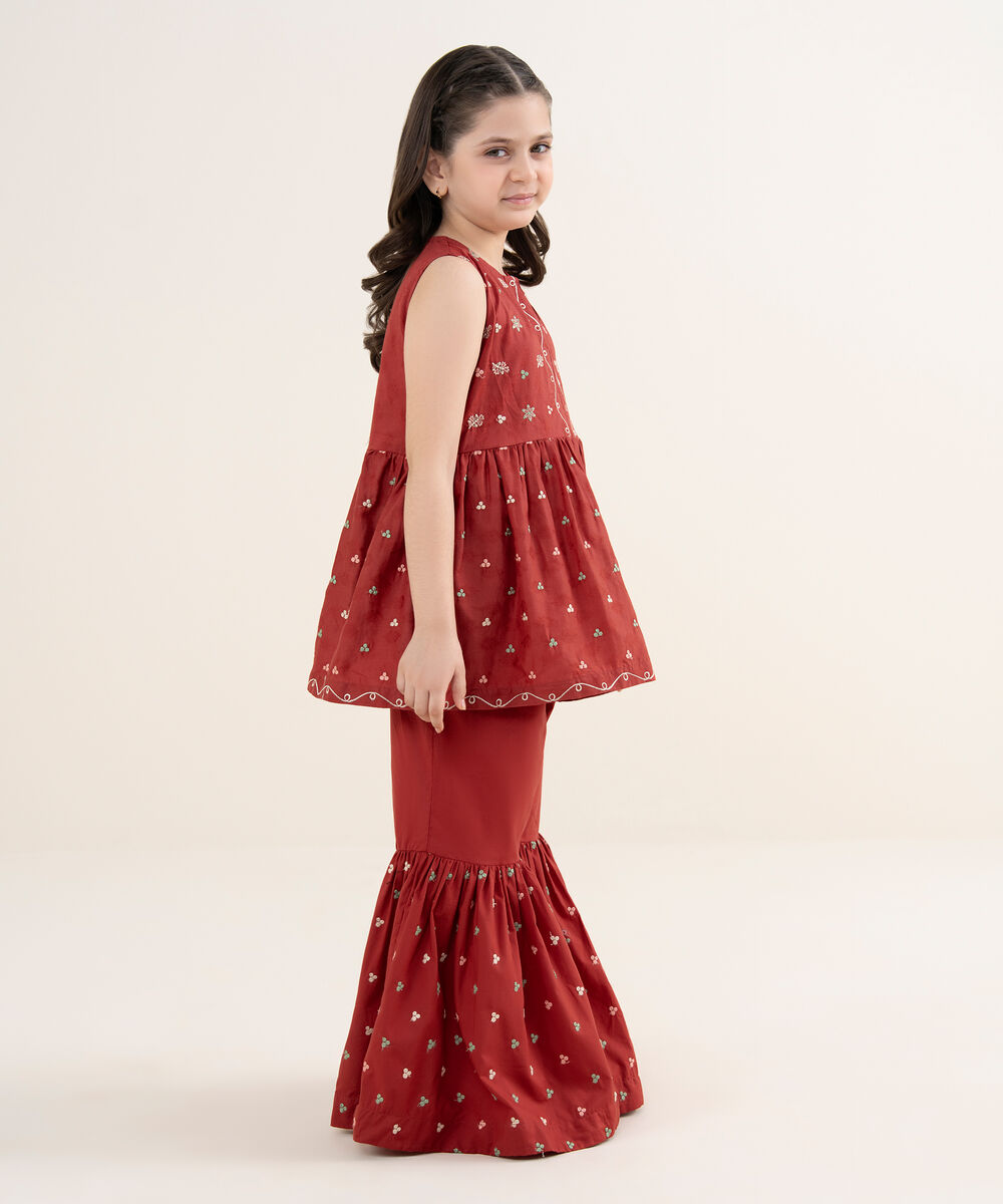 Girl's Cotton Jacquard Embroidered Red 2 Piece Set