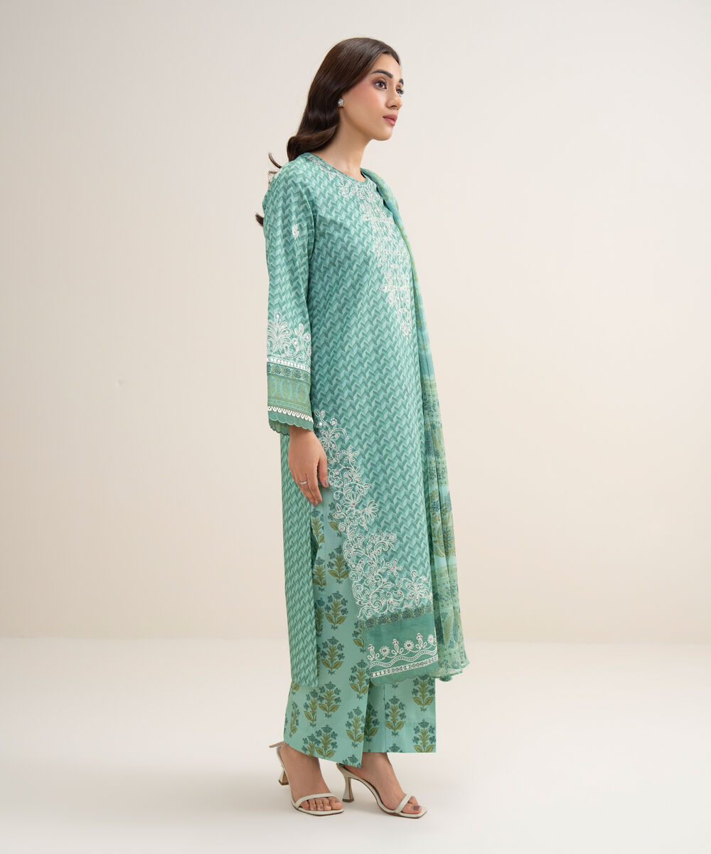 Women's Unstitched Lawn Embroidered Aqua Green 3 Piece Suit