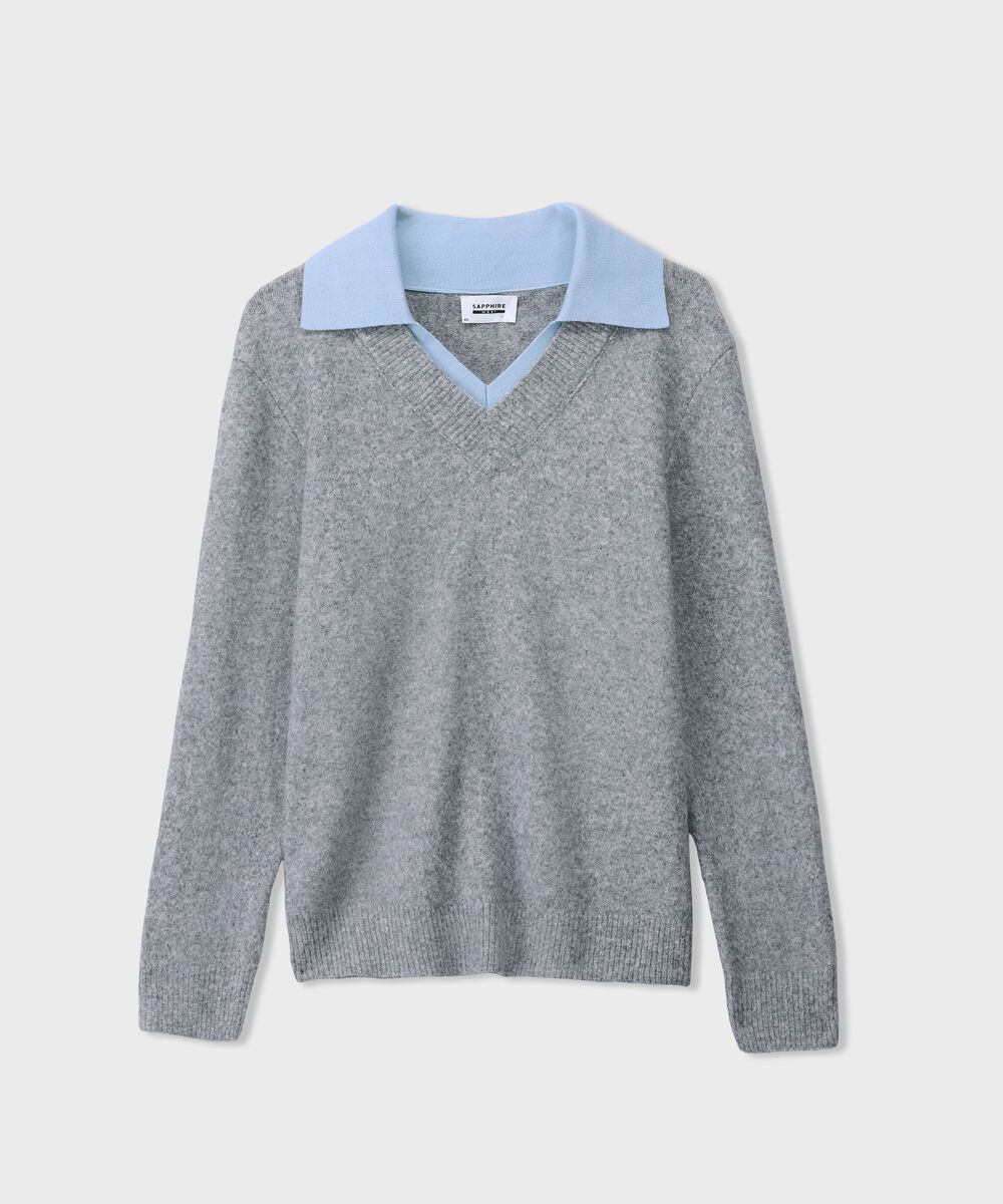 Women's Western Wear Grey Contrast Collar Knit Sweater