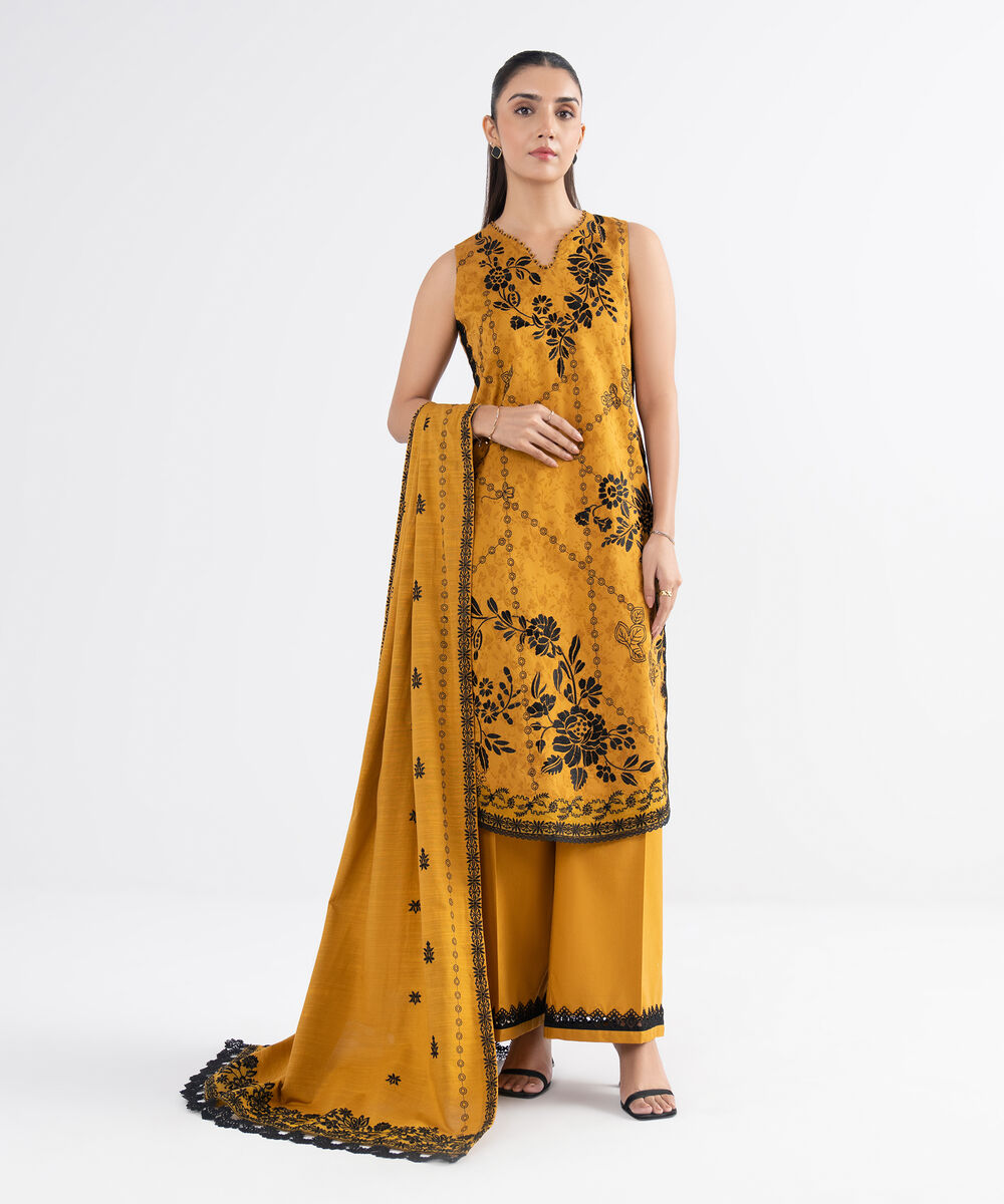 Women's Unstitched Cotton Jacquard Embroidered Yellow 3 Piece Suit