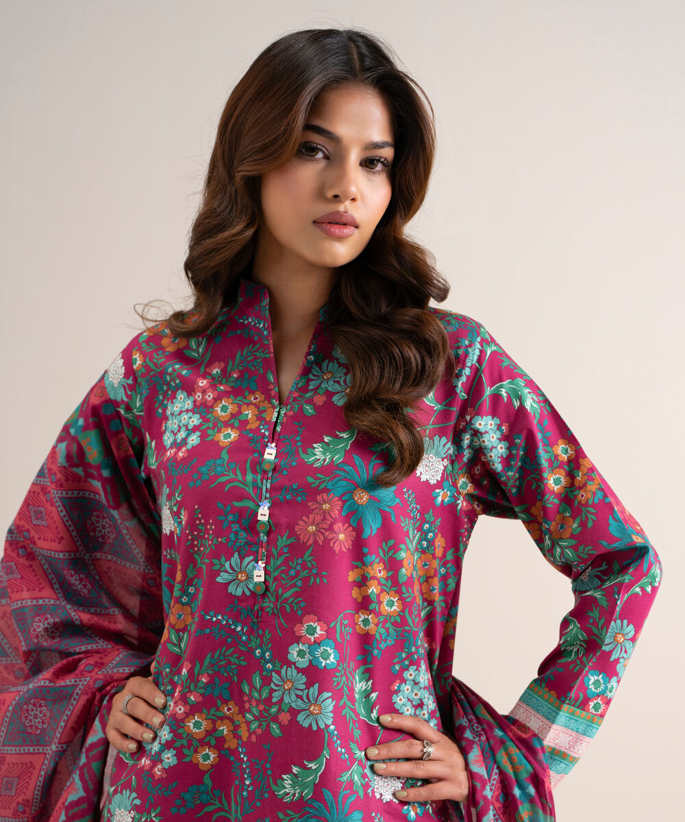Women's Unstitched Printed Lawn Red 3 Piece Suit