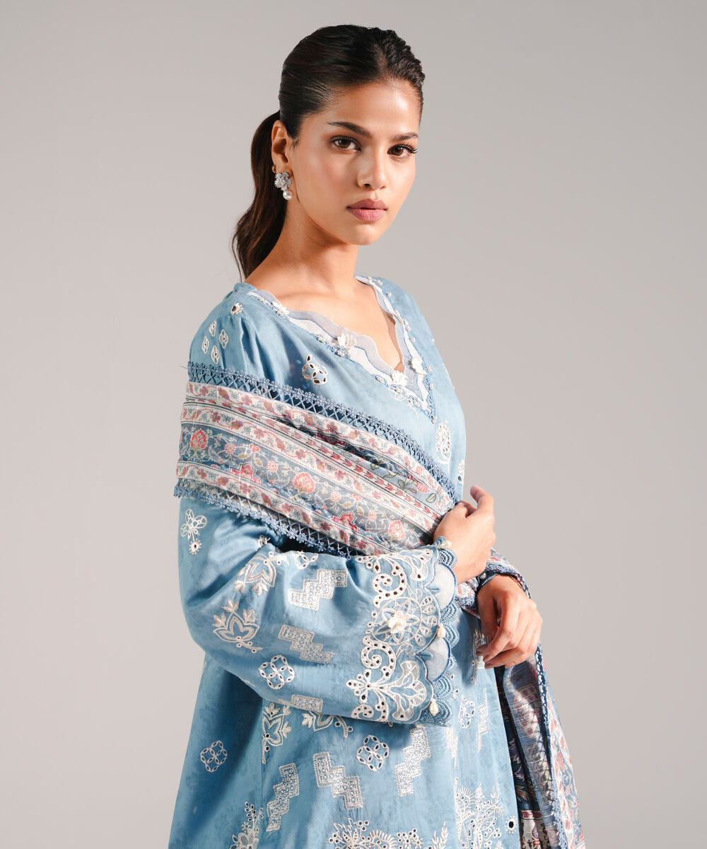 Women's RTW Self Jacquard Embroidered Blue 3 Piece Suit