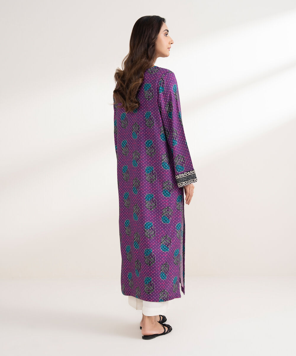 Women's RTW Viscose Linen Printed Straight Purple Shirt