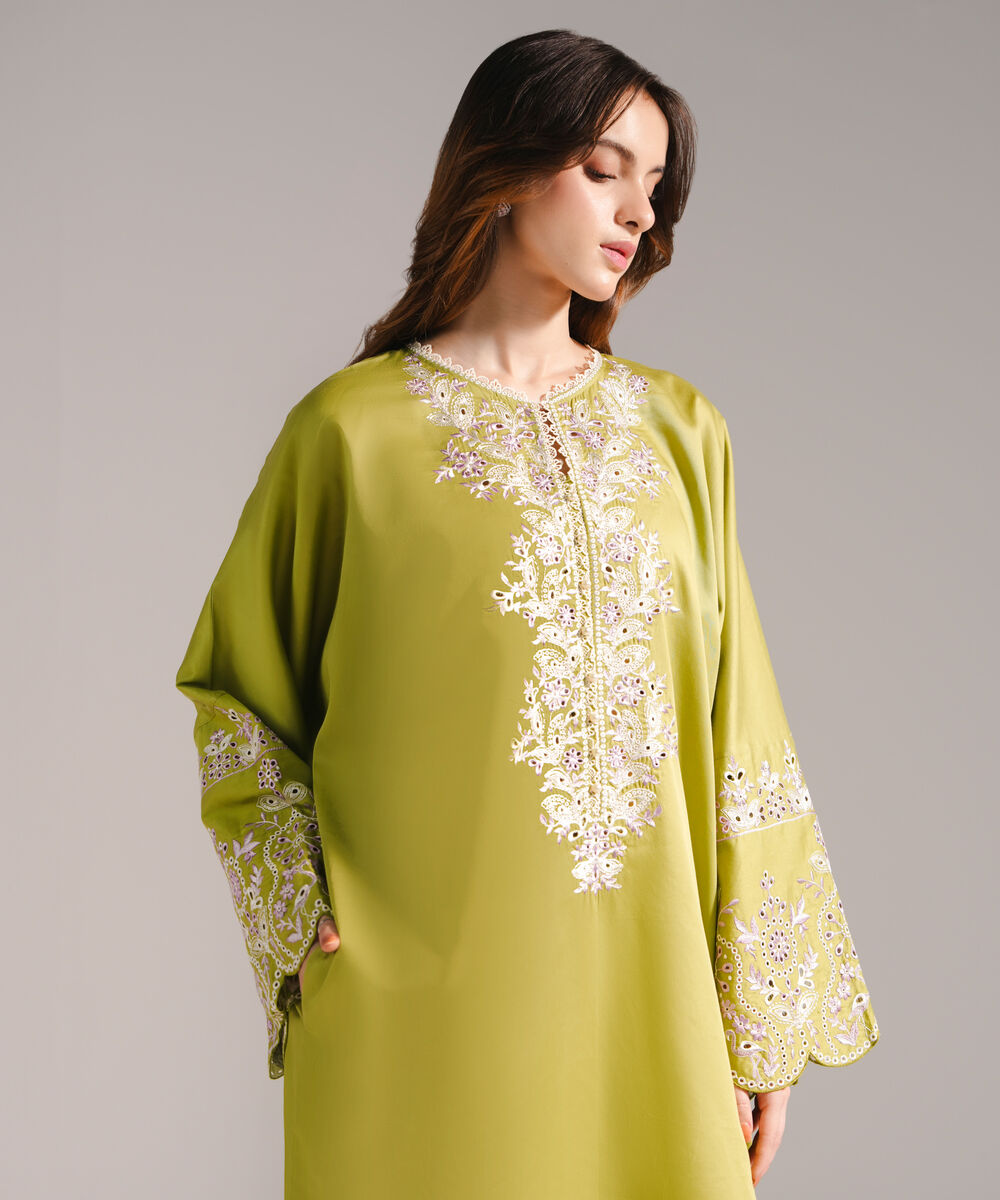 Women's RTW Cotton Satin Embroidered Straight Green Shirt