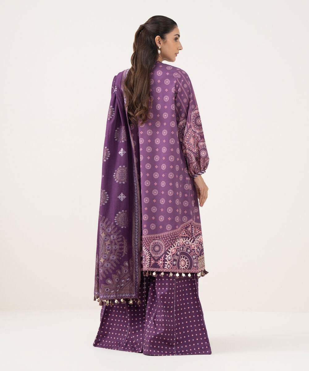 Women's Unstitched Fine Cotton Satin Embroidered Purple 3 Piece Suit