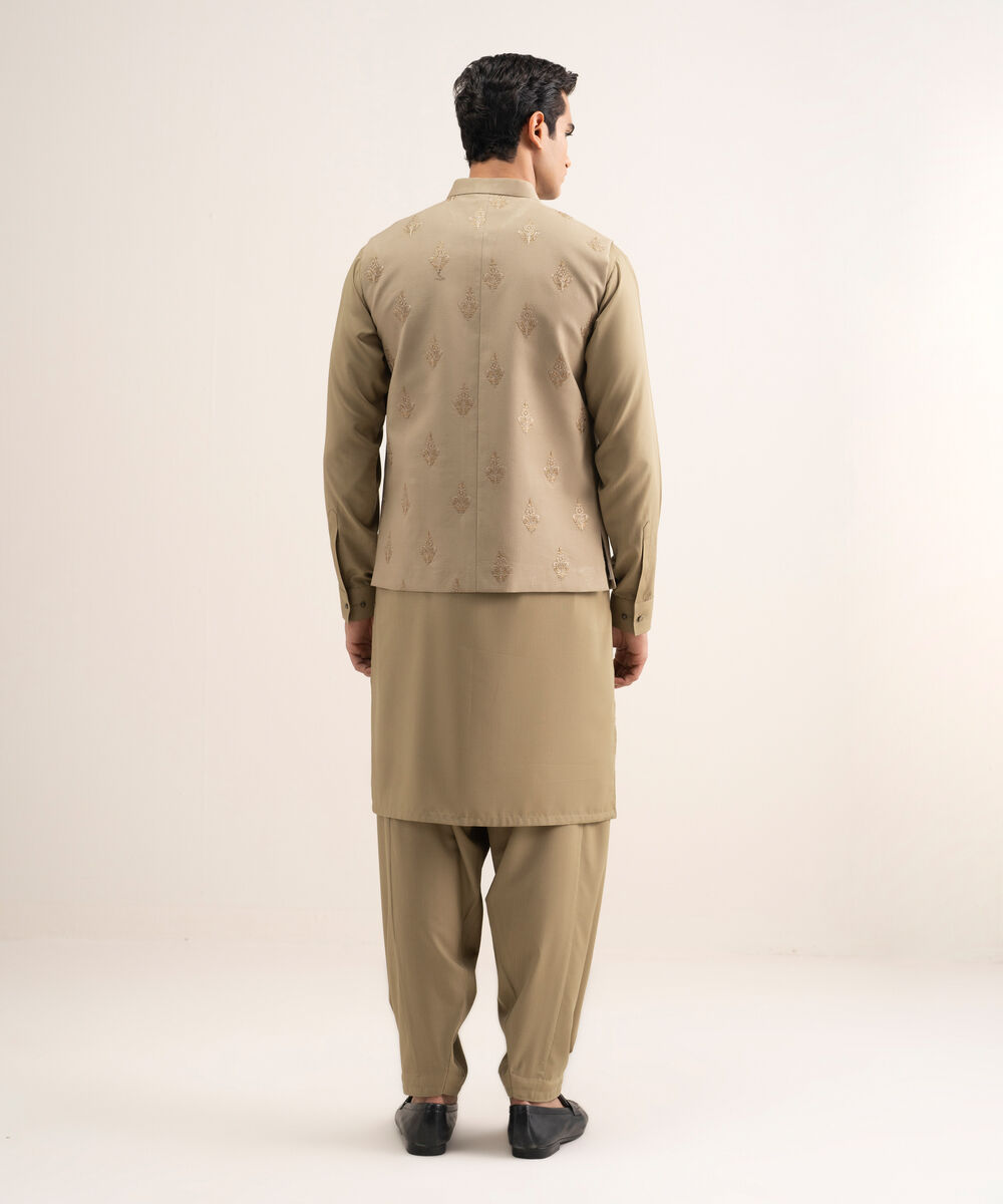 Men'S Stitched Khaki Cotton Dobby Waistcoat