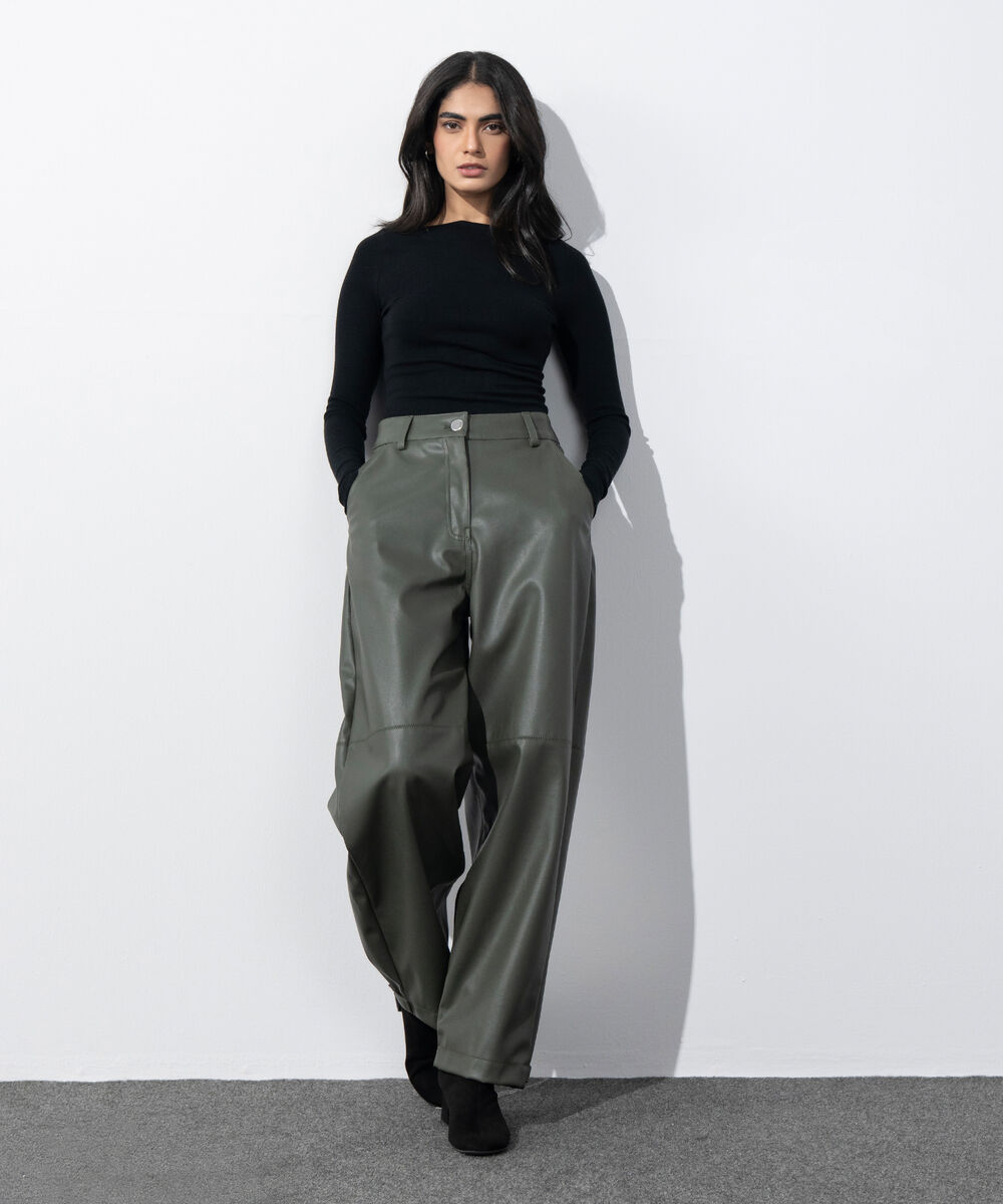 Women's Western Wear Olive Green Faux Leather Barrel-Fit Trousers