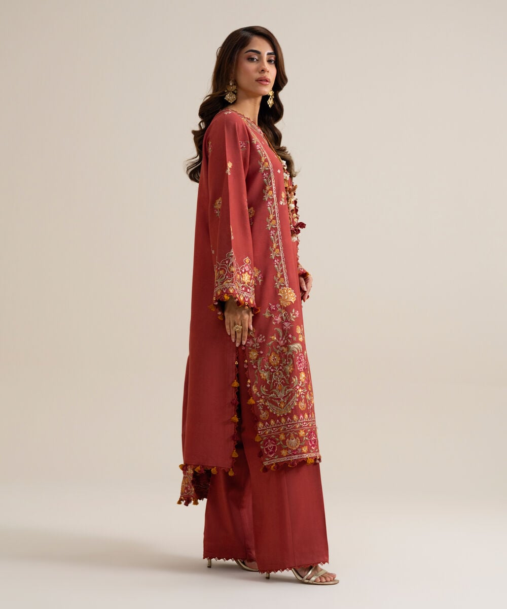 Womens Unstitched Cotton Twill Embroidered Rust 3 Piece Suit