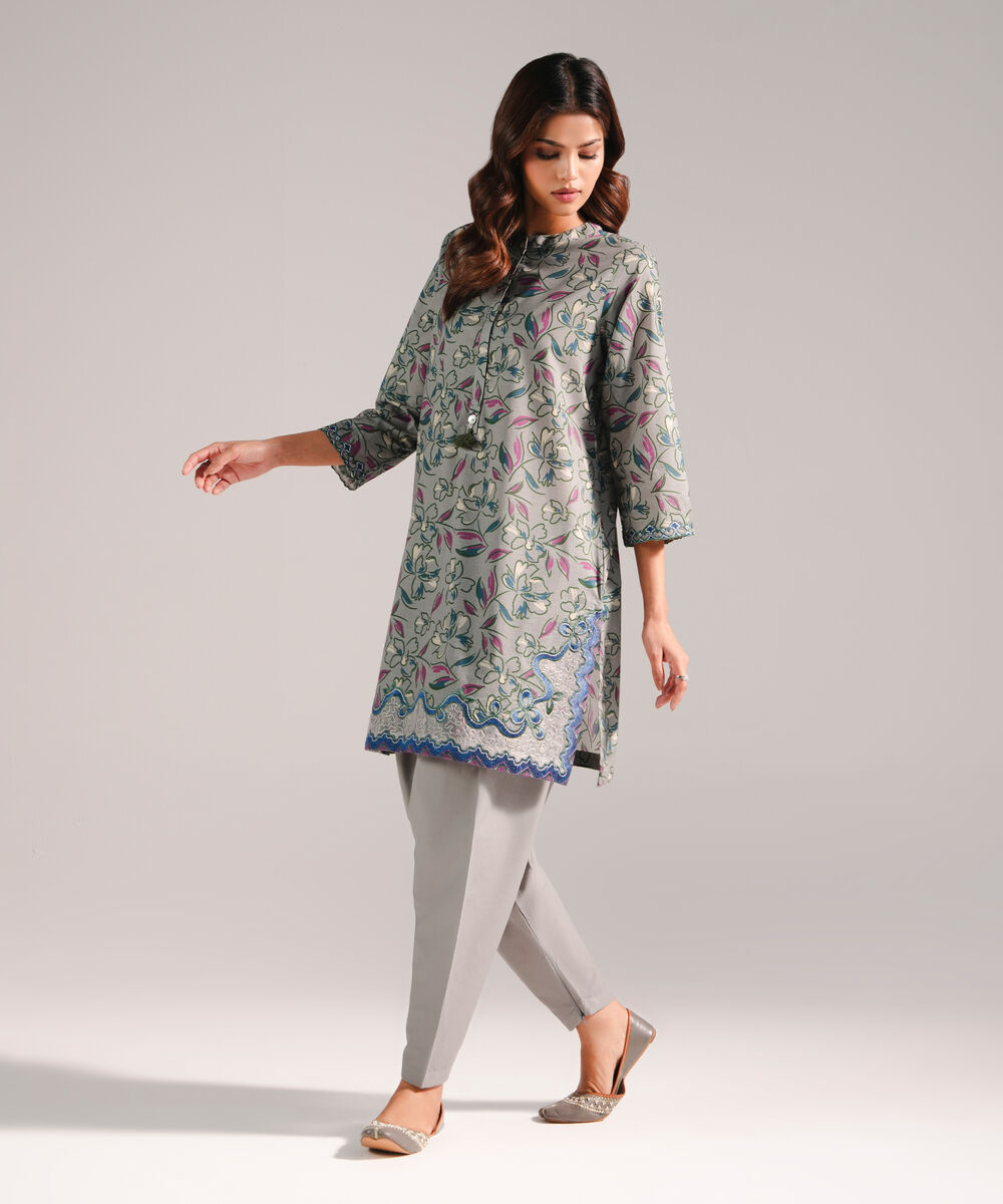 Women's RTW Slub Lawn Embroidered Grey 2 Piece Suit