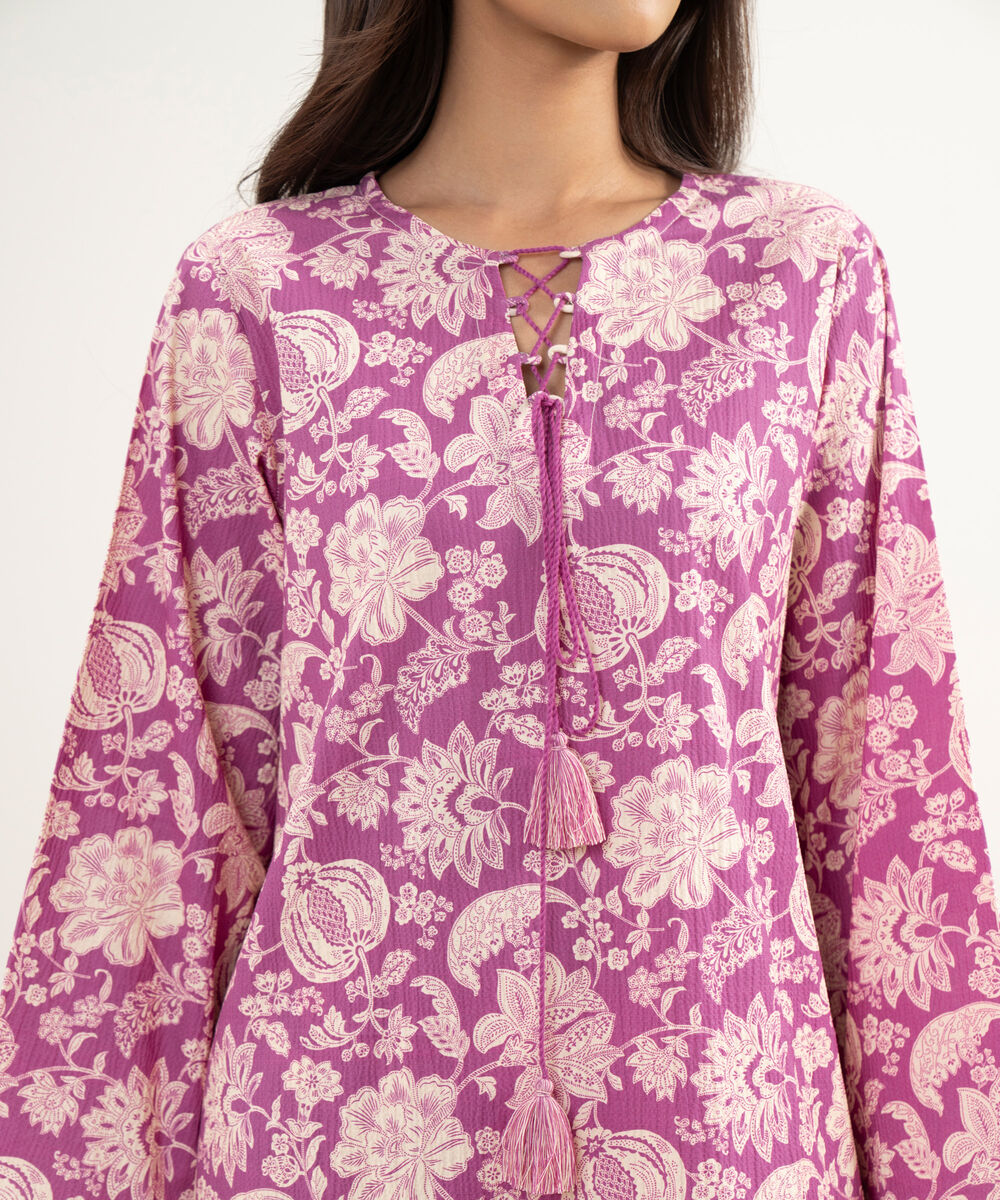 Women's RTW Seersucker Printed Purple Straight Shirt