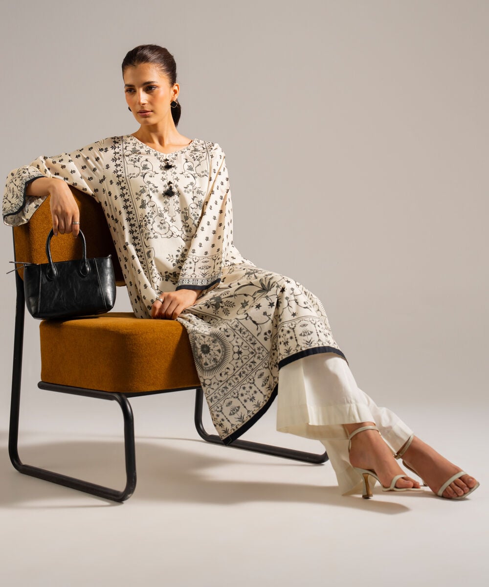 Women's RTW Lawn Printed White Straight Shirt
