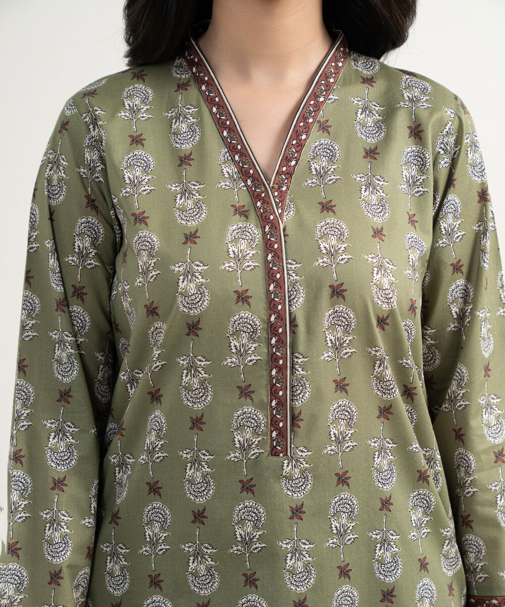Women's RTW Lawn Printed Green Straight Shirt