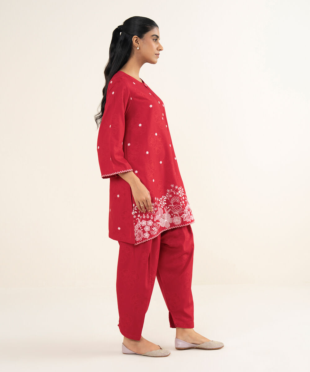 Women's RTW Jacquard Embroidered Red Straight Shirt