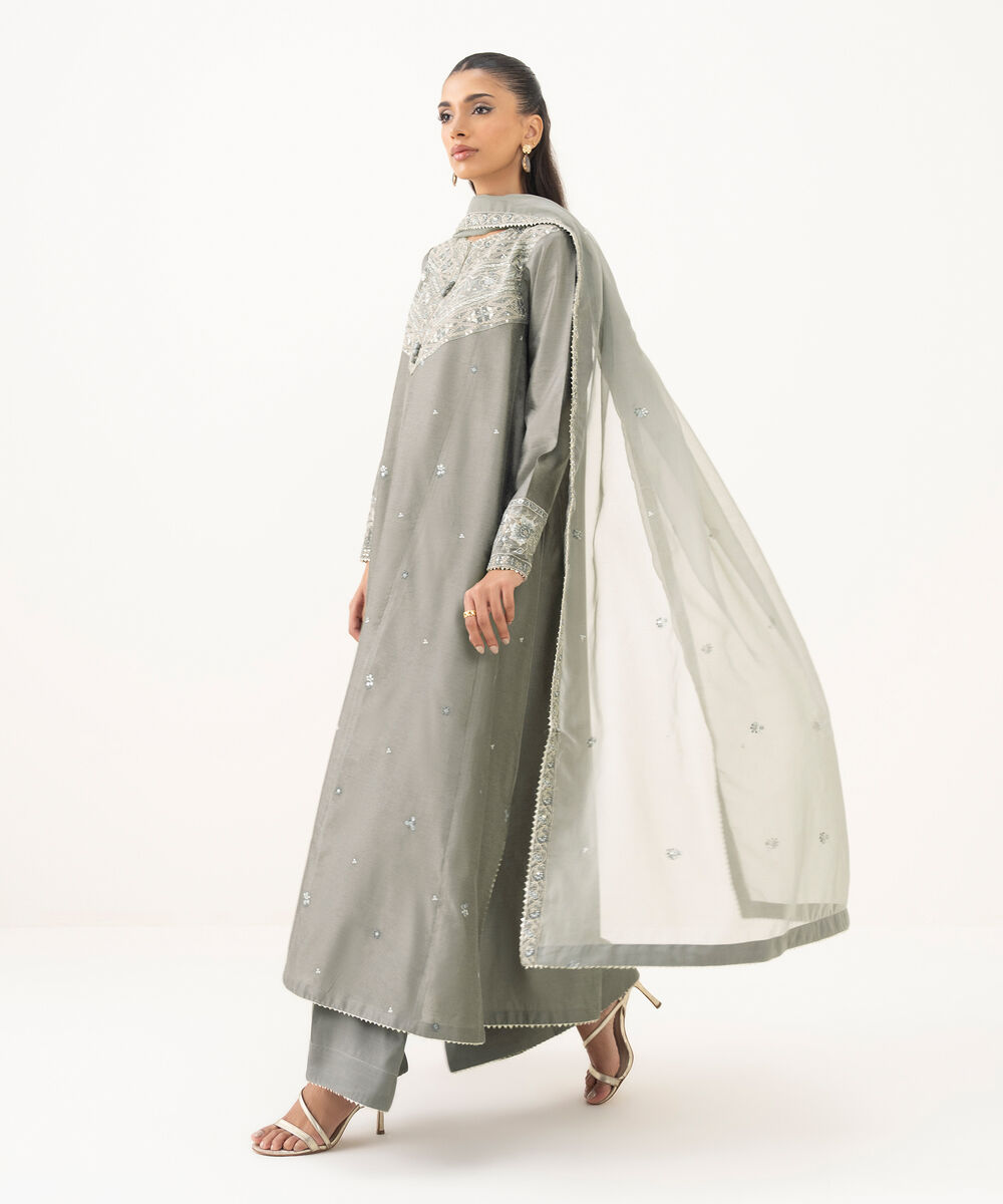 Women's RTW Blended Silk Cotton Net Embroidered Grey Three Piece Suit