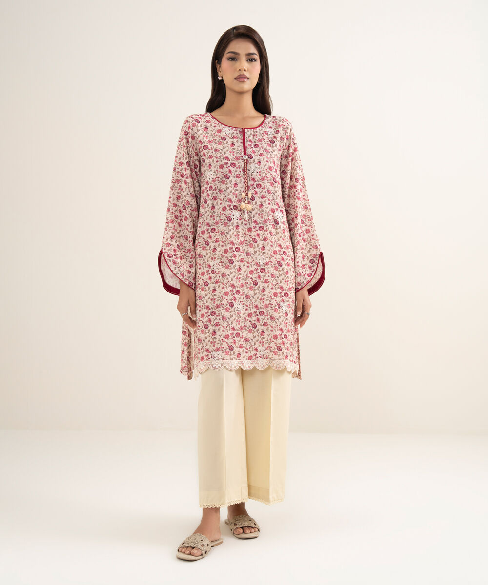 Women's RTW Viscose Raw Silk Embroidered Pink Straight Shirt