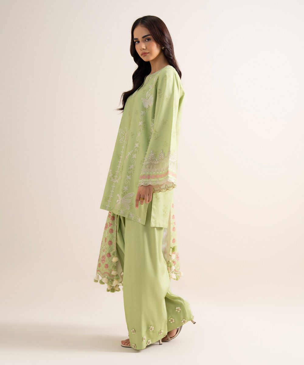 Women's Unstitched Embroidered Linen Light Mint Green 3 Piece Suit
