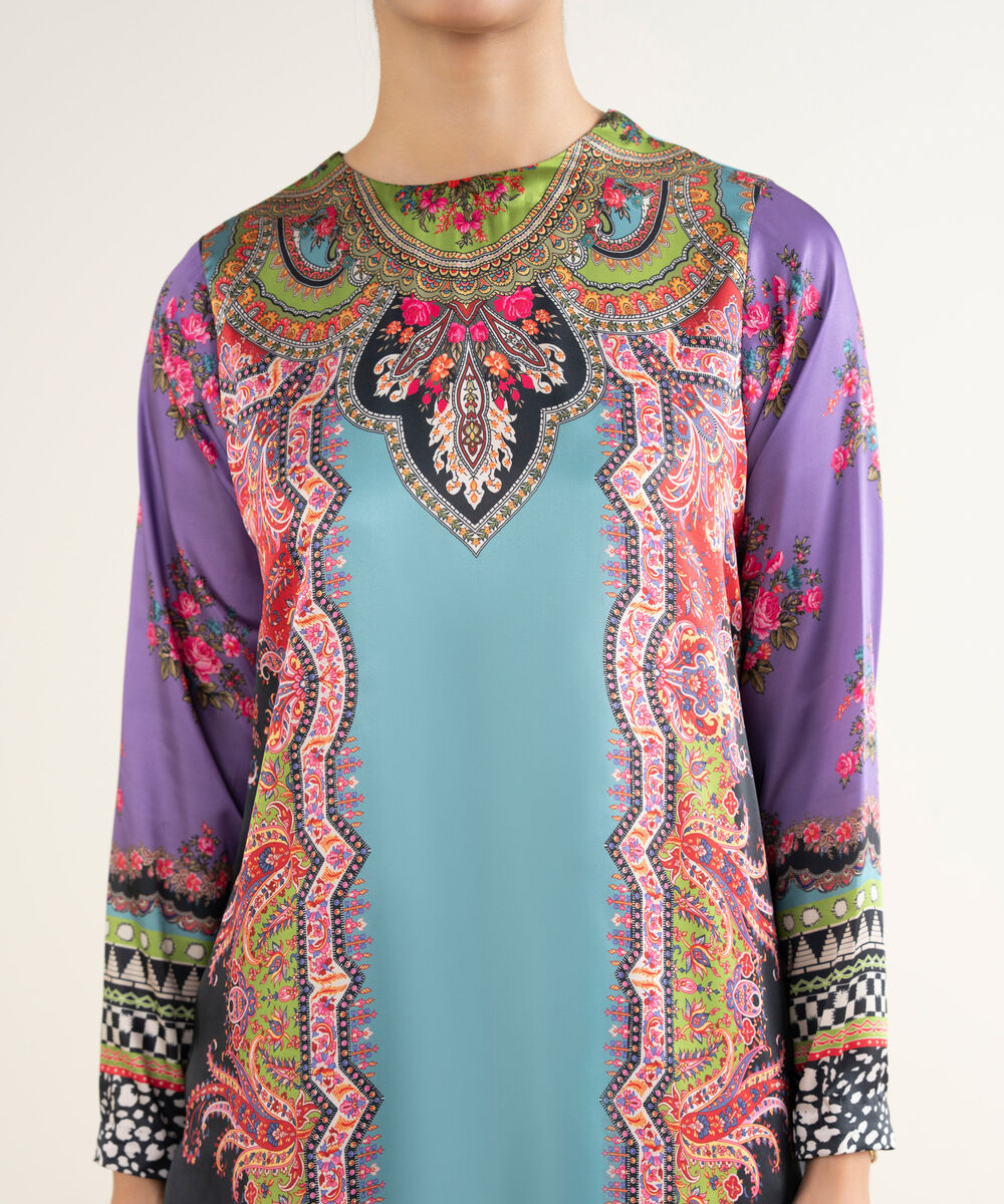 Women's RTW Blended Satin Printed Turqouise 2 Piece Suit