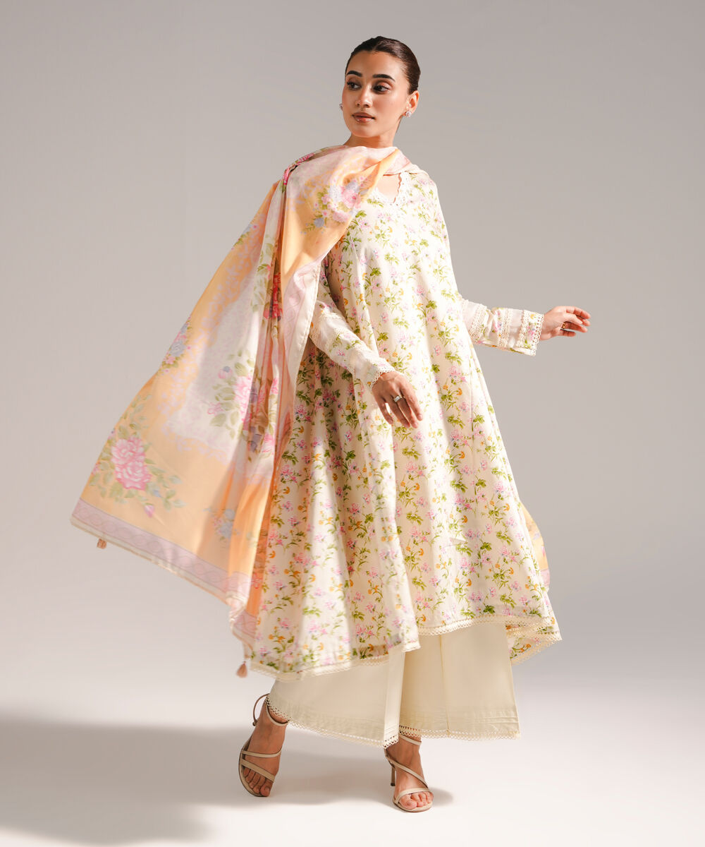 Women's RTW Cotton Satin Embroidered Pale Green 3 Piece Suit