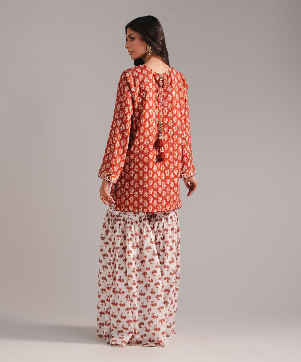 Women's RTW Textured Cotton Printed Rust 2 Piece Suit