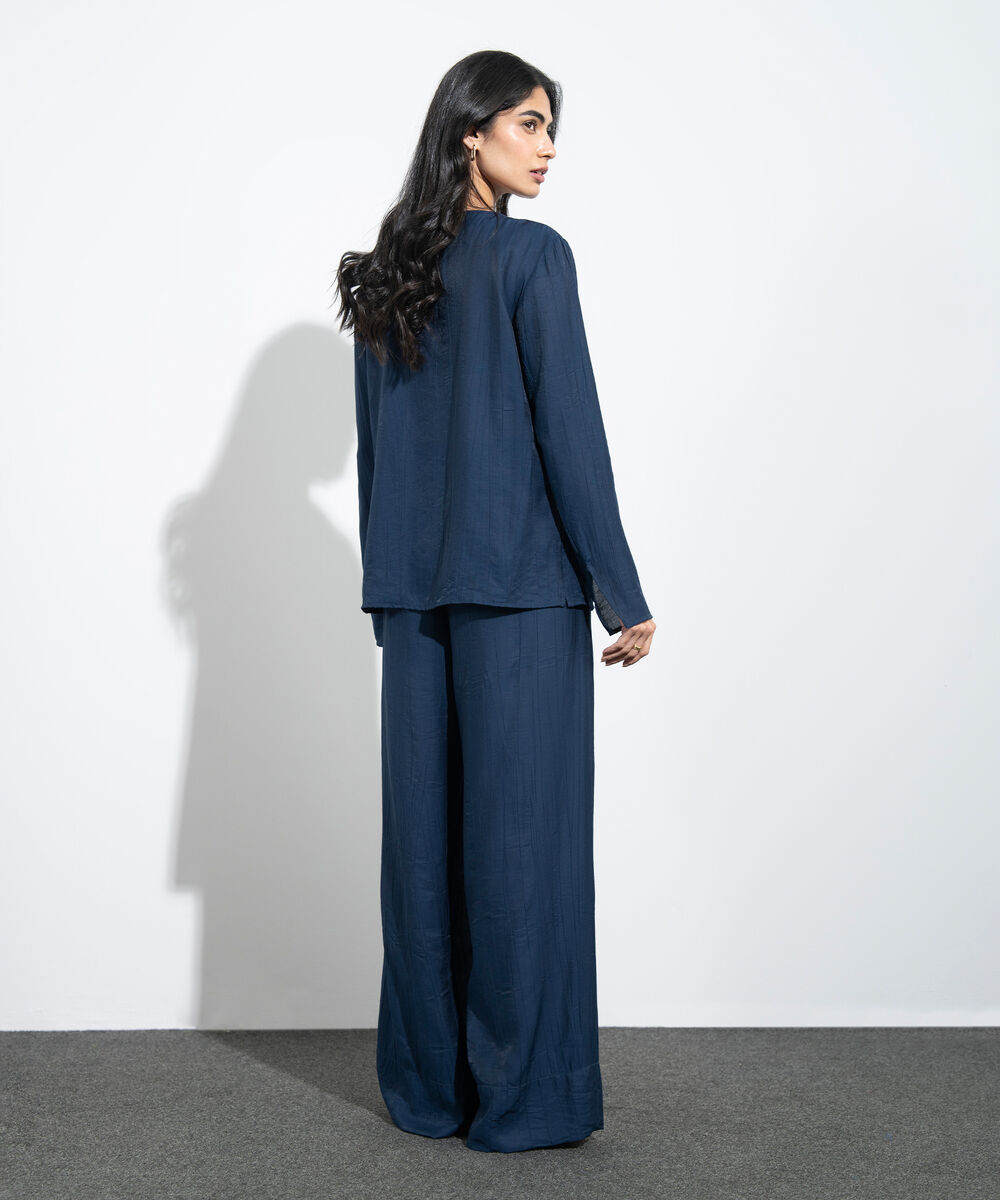 Women's Western Navy Slash Neck Textured Top