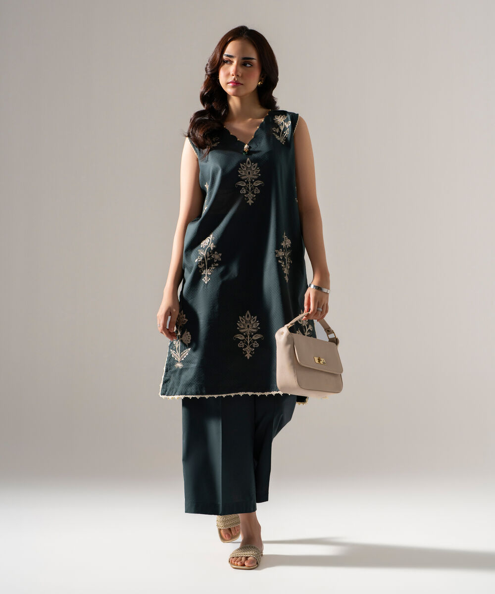 Women's RTW Dobby Solid Embroidered Dark Green Straight Shirt