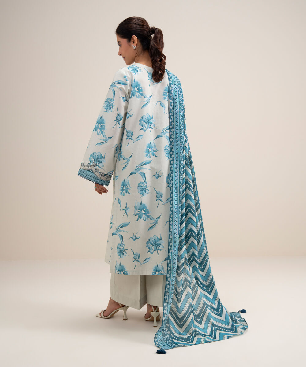 Women's Unstitched Lawn Embroidered Off White and Blue 3 Piece Suit
