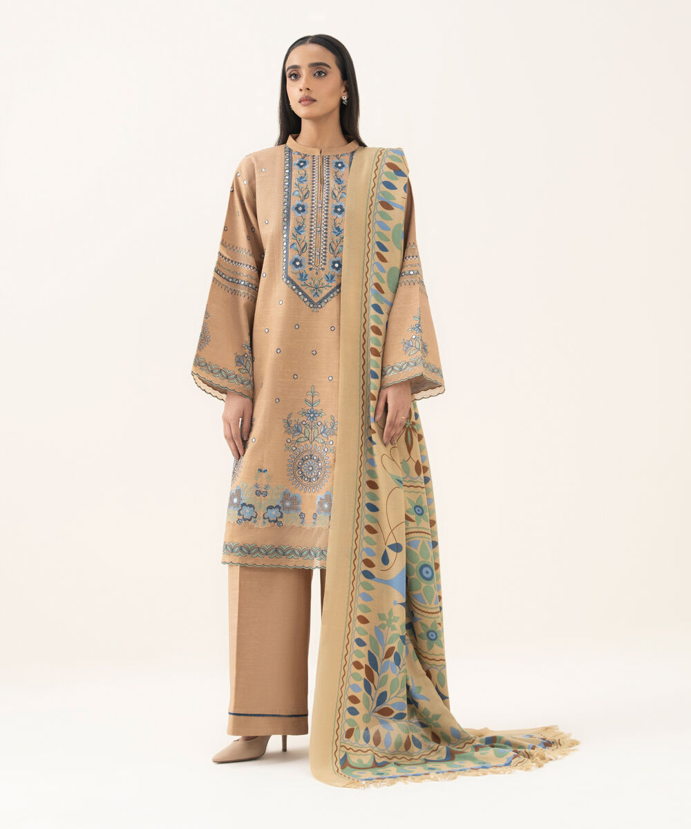 Women's Unstitched Embroidered Khaddar Beige 3 Piece Suit