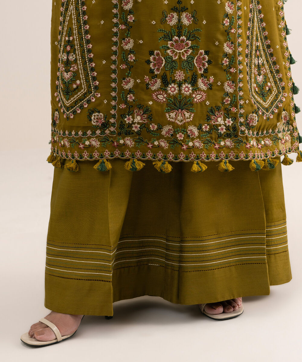 Women's Unstitched Embroidered Blended Chiffon Mustard 3 Piece Suit