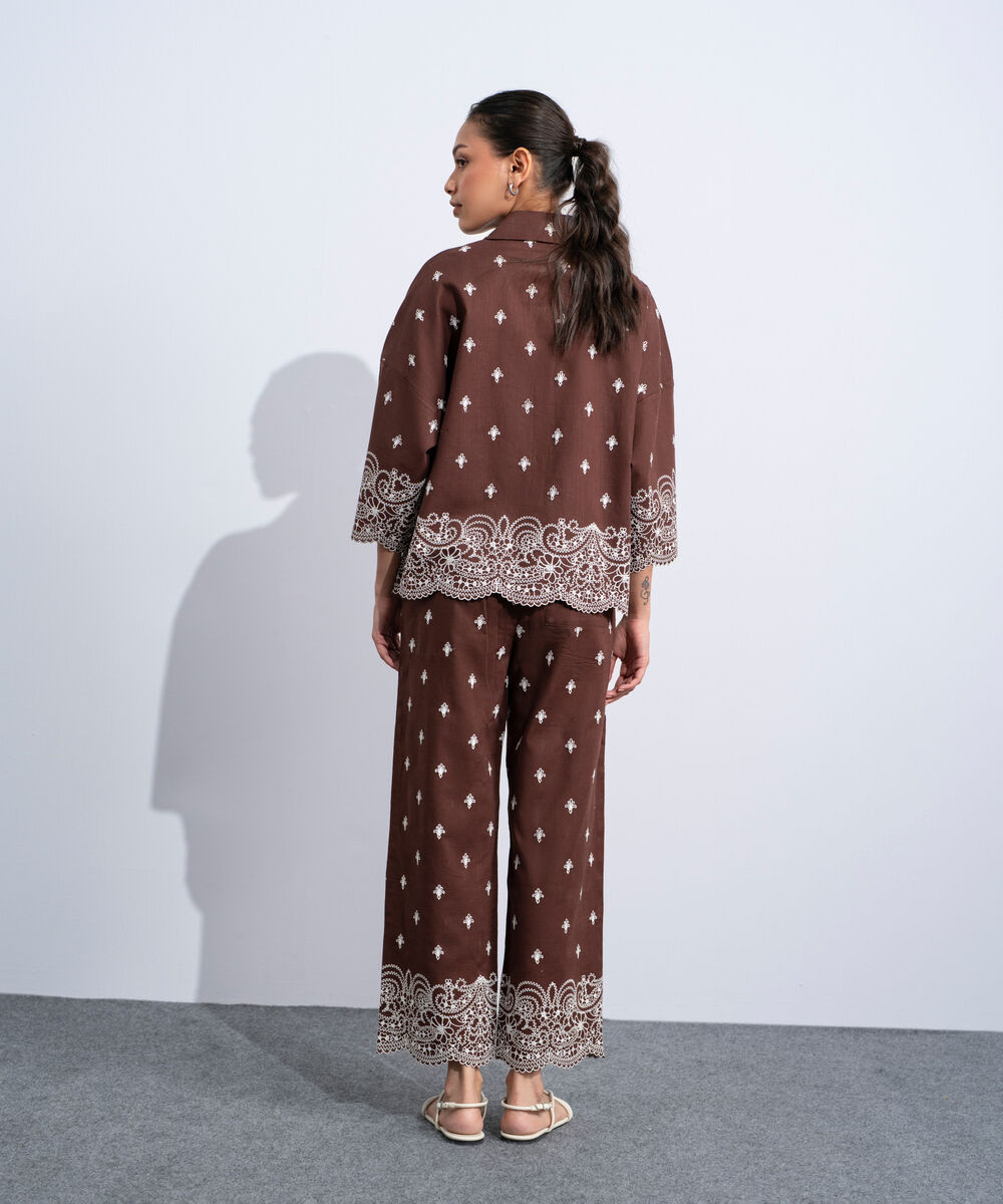 Women's Western Brown Embroidered Straight-Fit Trousers