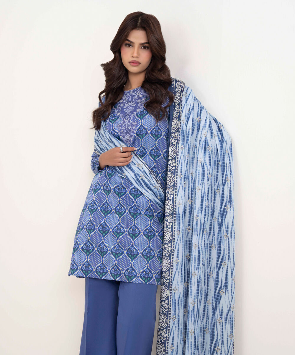 Women's Unstitched Lawn Blue Embroidered 3 Piece Suit