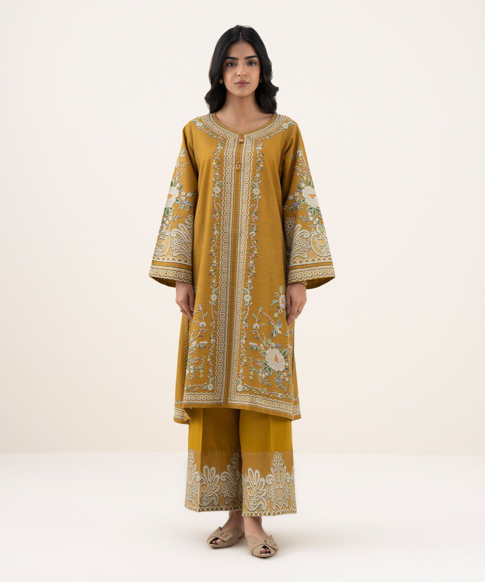 Women's RTW Khaddar Printed A-Line Mustard Shirt