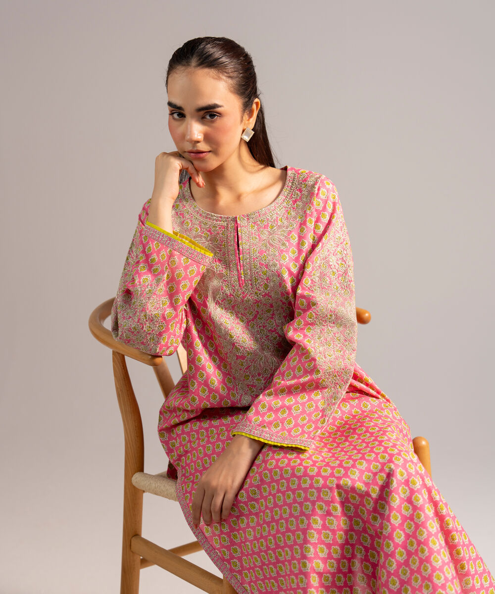 Women's RTW Zari Lawn Embroidered Pink Straight Shirt