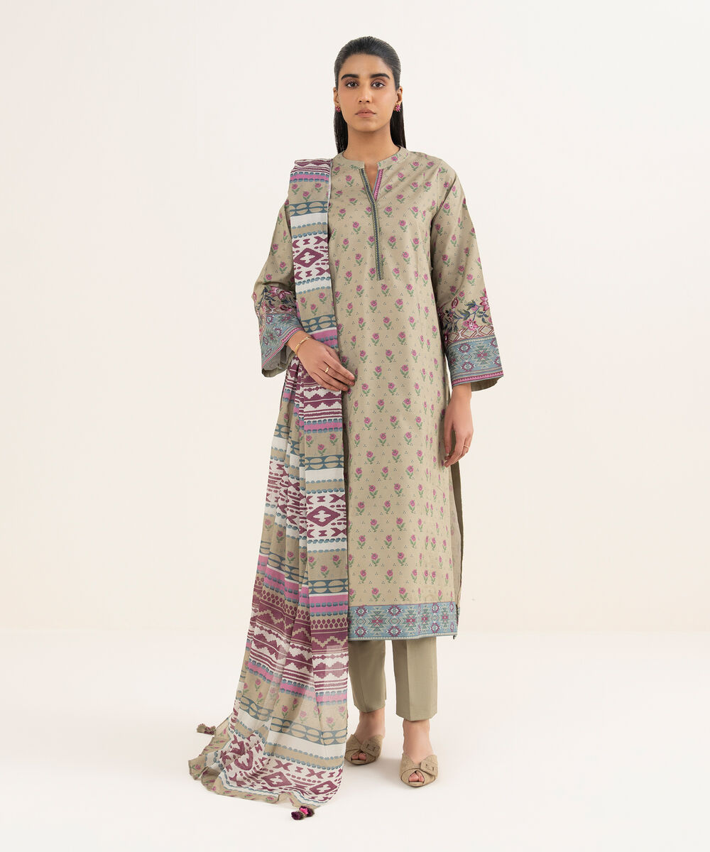 Women's Unstitched Textured Lawn Printed Beige 3 Piece Suit