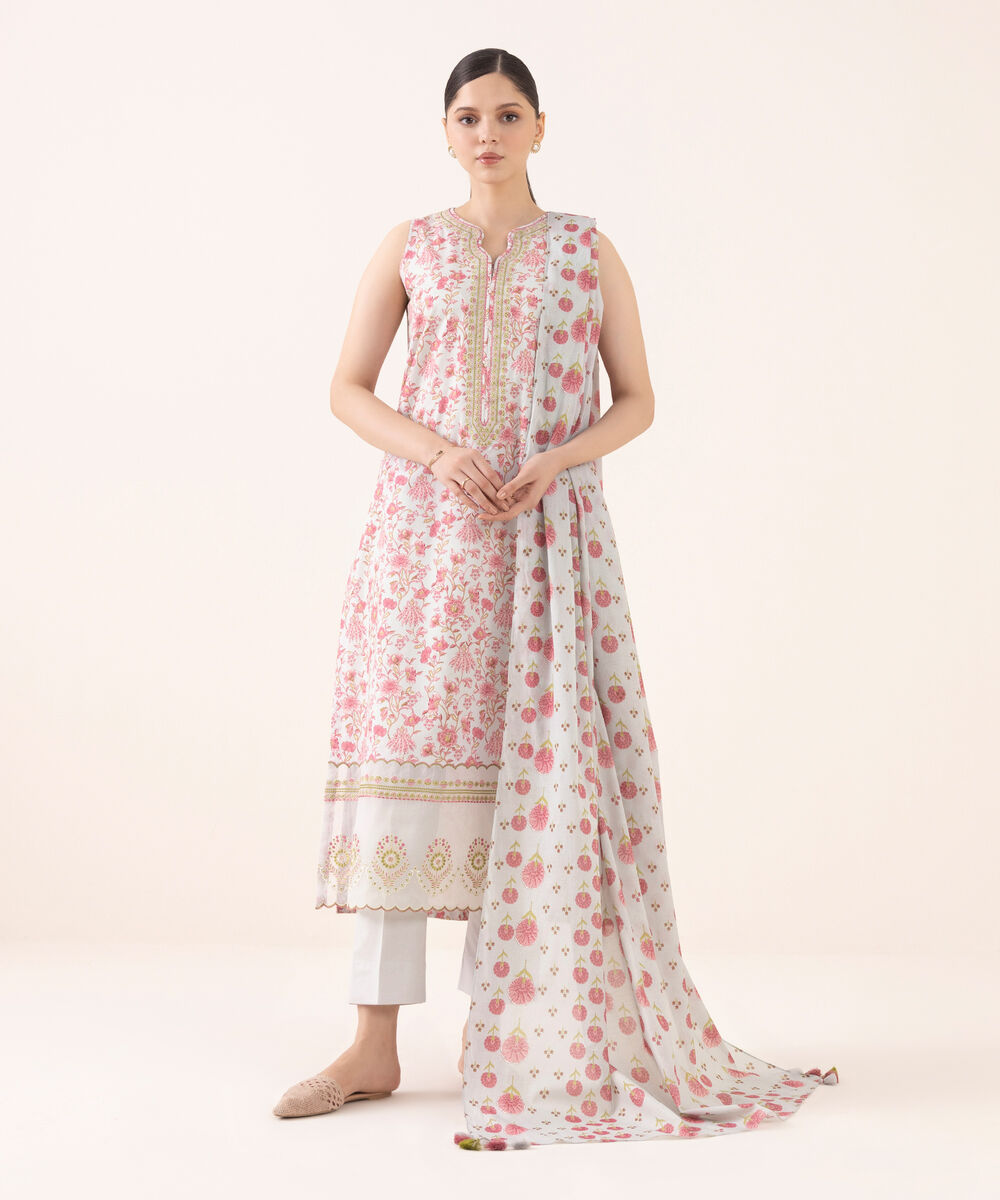 Women's Unstitched Cotton Embroidered Multi Three Piece Suit