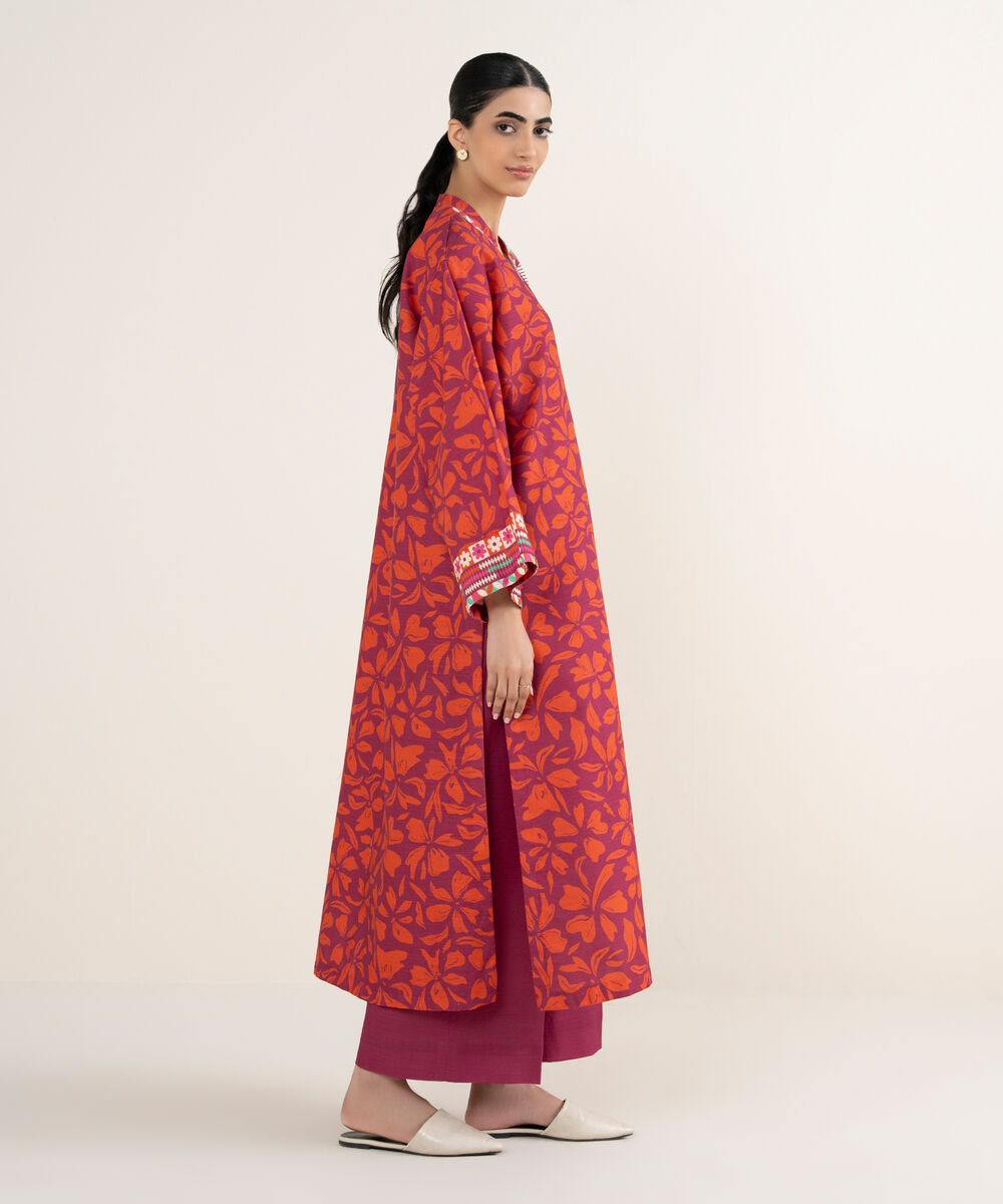 Women's Unstitched Printed Khaddar Hot Pink and Orange 3 Piece Suit