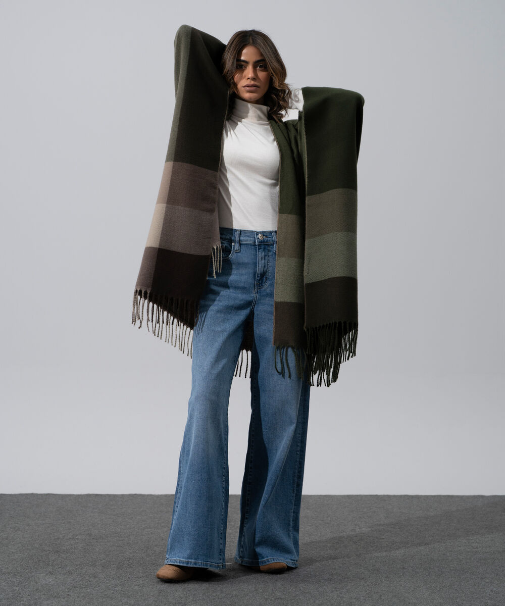 Women's Western Wear Olive Green Polyester Striped Cape Shawl