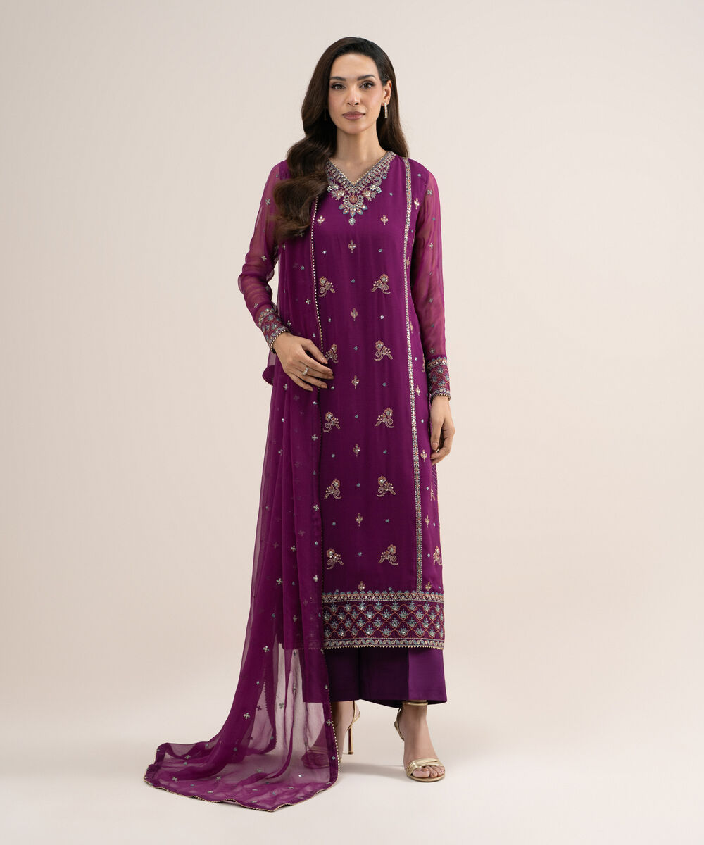 Women's Unstitched Embroidered Blended Chiffon Purple 3 Piece Suit