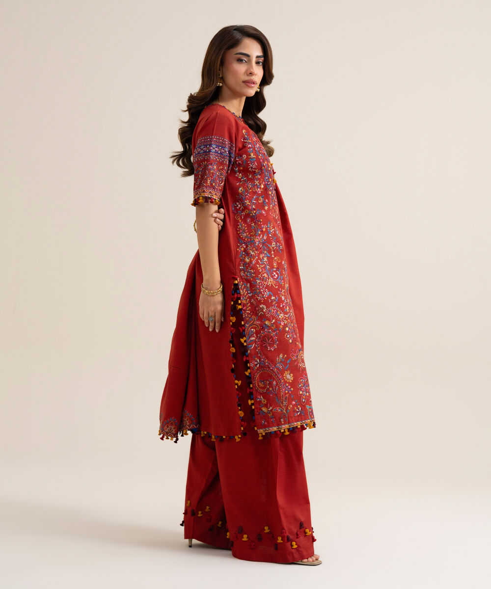 Women's Unstitched Basic Khaddar Embroidered Burnt Orange 3 Piece Suit