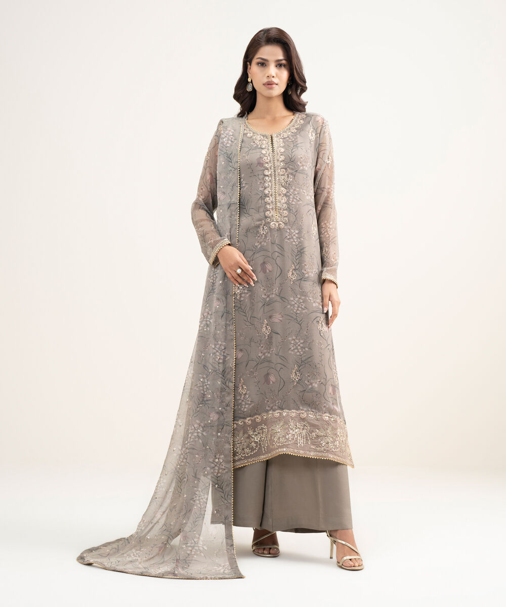 Women's RTW Blended Chiffon Embroidered Dark Beige 3 Piece Suit