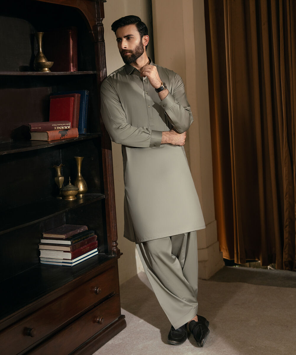 Men's Unstitched 2-Piece Premium Cotton Satin Lt Khaki Suit