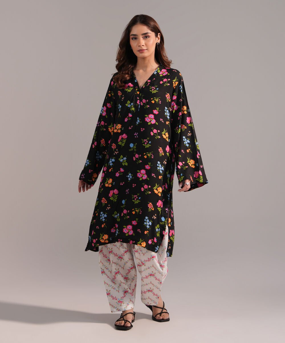 Women's RTW Arabic Lawn Printed Black Straight Shirt